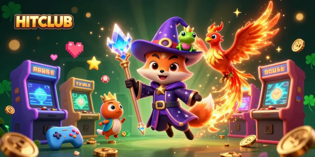 Engage with HITCLUB's exciting 3D gaming atmosphere featuring colorful casino elements and mystical characters.