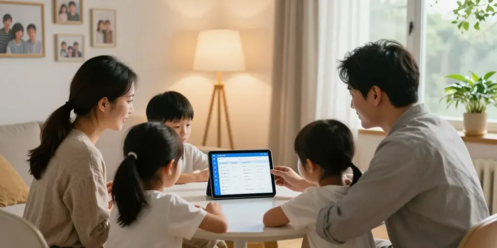 Scène familiale autour des tâches partagées aidants, coordination des soins sur tablette.